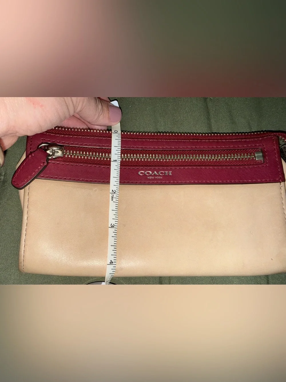 Coach Two-Tone Leather Wristlet — Wine and Beige